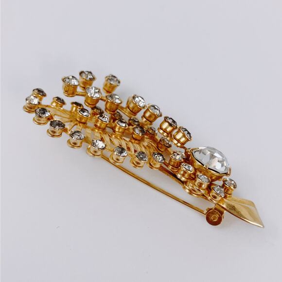 VTG 1950s Brooch Rhinestone Spray Leaf Mid Century Gold Tone Pin Jewelry Sparkly - Picture 7 of 11